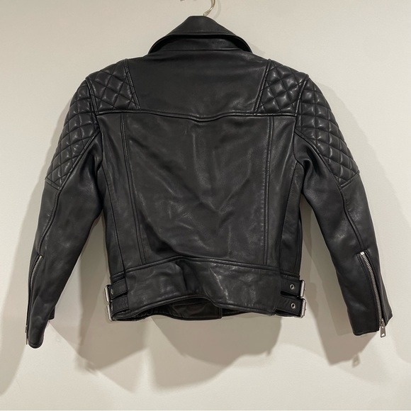 AllSaints Beattie Biker black leather jacket cropped 3/4 sleeves size 2 moto zip - Picture 3 of 3